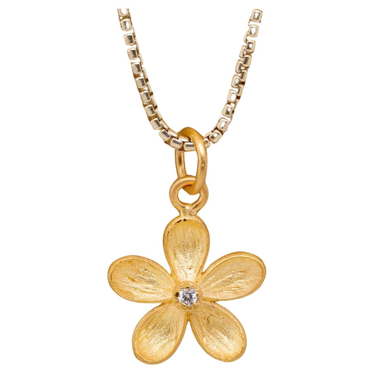 Miniature FourPetal Flower Charm Pendant Necklace with Center Diamond