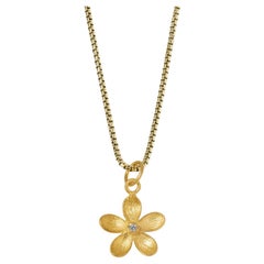 5 Petal Pentas Flower Charm Pendant Necklace with Center Diamond, 24kt Gold