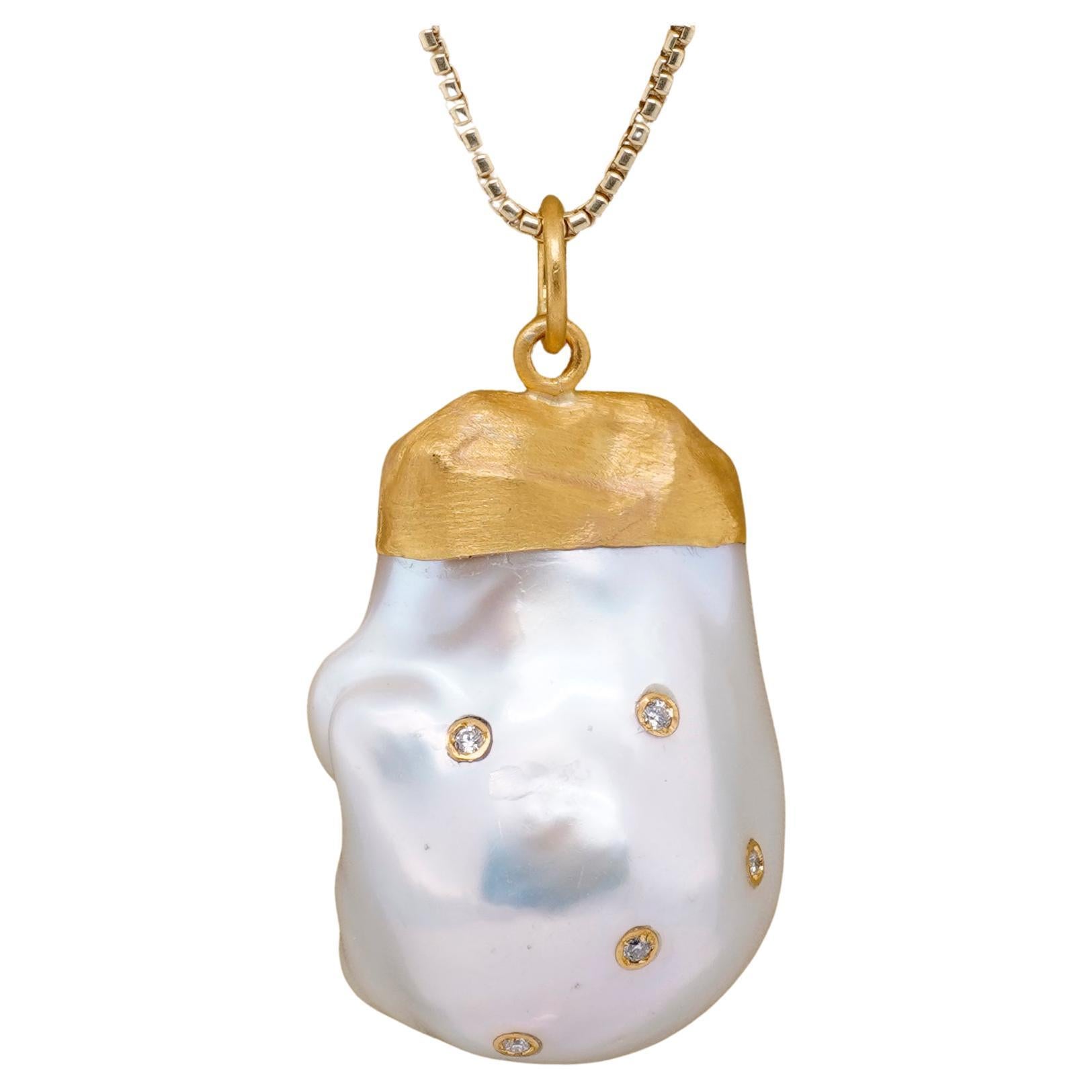 Large, 53.70ct Baroque Pearl Pendant Necklace with Inlaid Diamonds, 24kt Gold For Sale