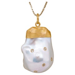 Large, 53.70ct Baroque Pearl Pendant Necklace with Inlaid Diamonds, 24kt Gold