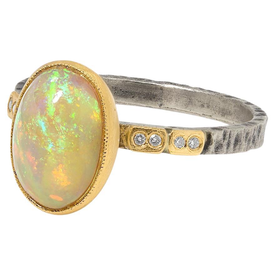 2.02 Ct Large, Stunning Opal Ring with Diamonds, 24kt Gold and Silver For Sale