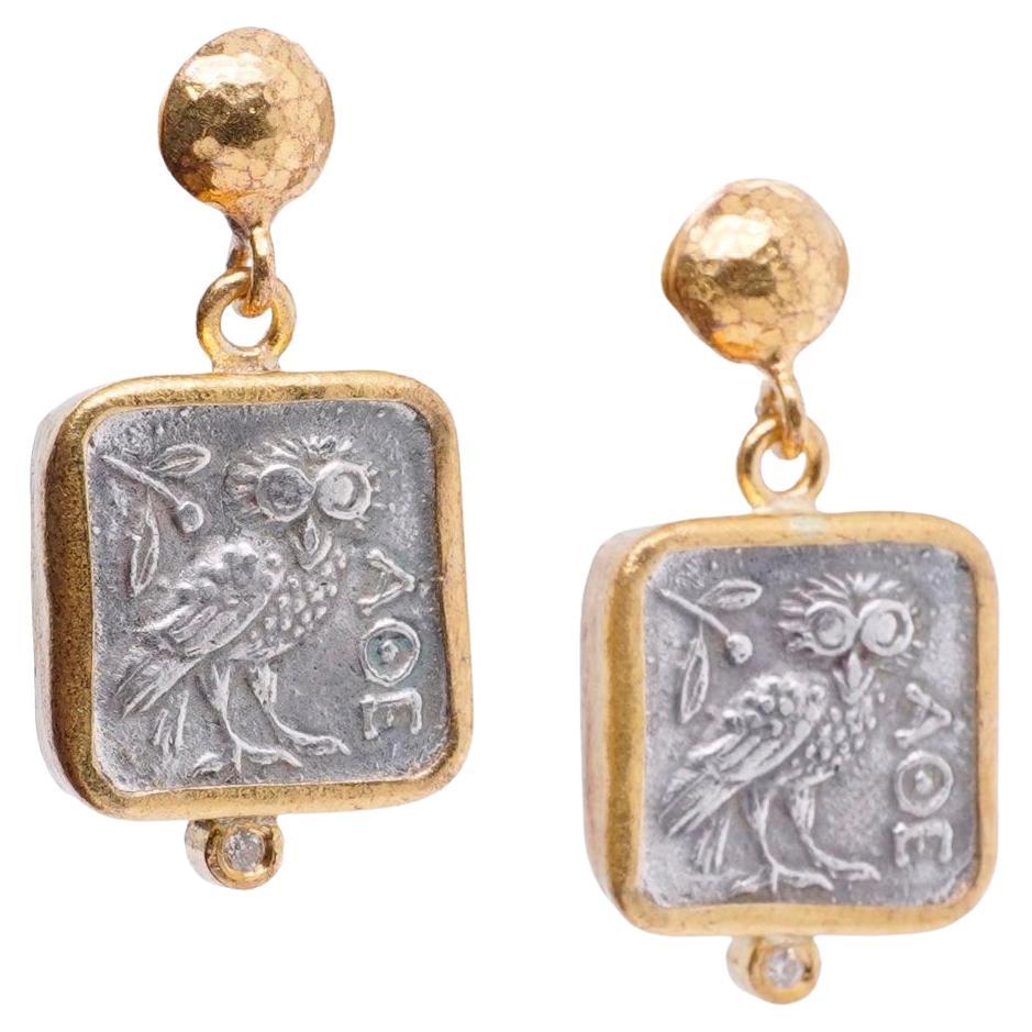 Classical Greek Square, Athena's Owl Post Earrings with Diamond Detail, 24kt Gold and SS