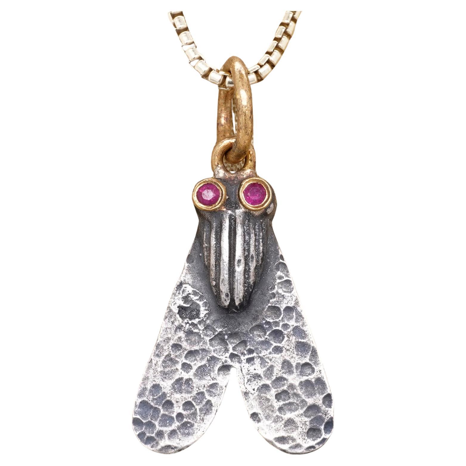 Contemporary Small, Ancient Fly with Ruby Eyes, Charm Pendant Necklace, 24kt Gold and Silver