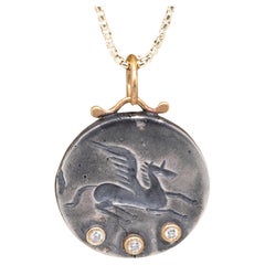 Medium Pegasus Coin Charm Amulet Pendant Necklace with Three Diamonds, 24kt Gold