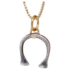 Sterling Silver, Lucky Horseshoe Pendant Necklace Charm with Diamond, 24kt Gold