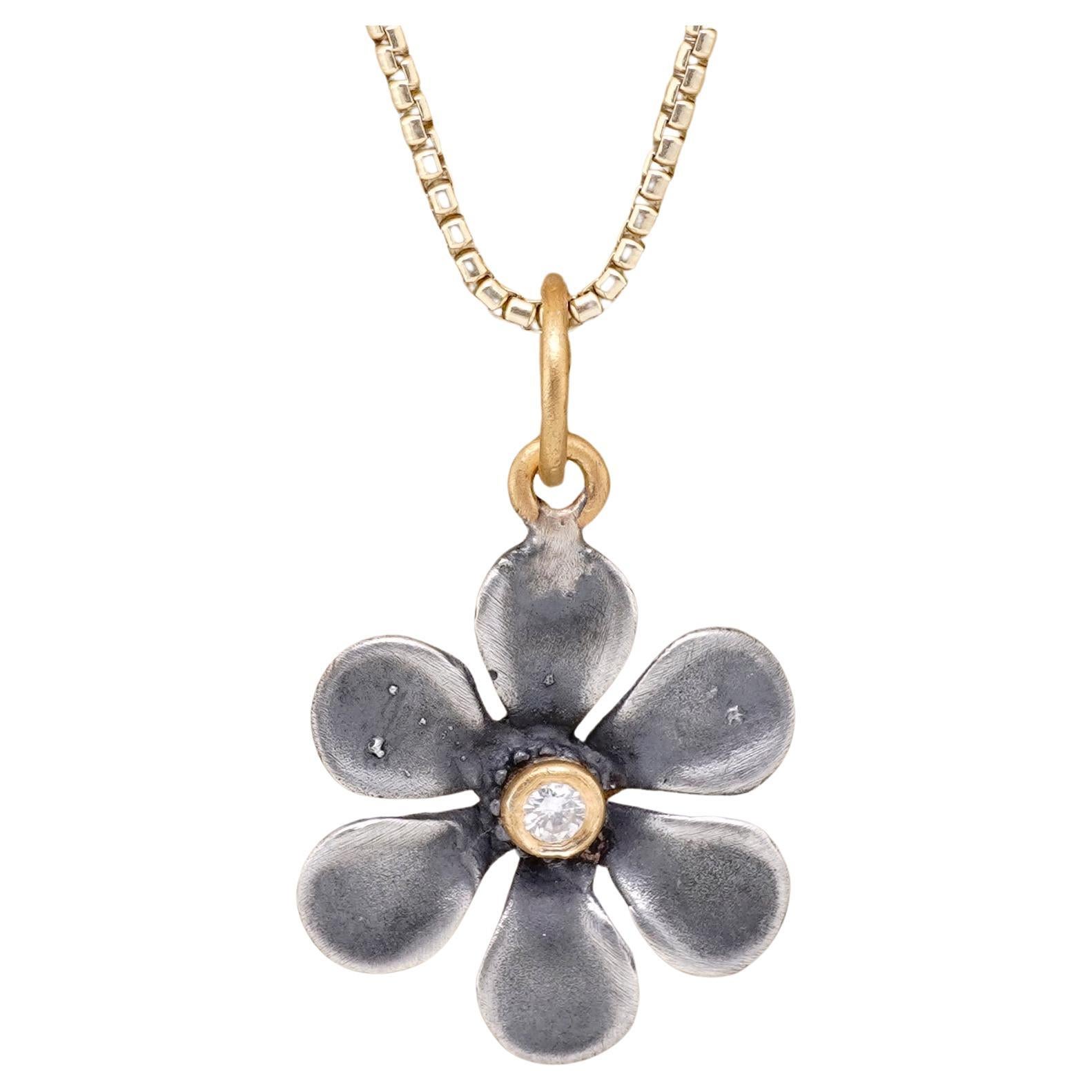 Medium, Sterling Silver Flower Charm Pendant Necklace with Diamond, 24kt Gold For Sale