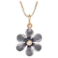 Medium, Sterling Silver Flower Charm Pendant Necklace with Diamond, 24kt Gold