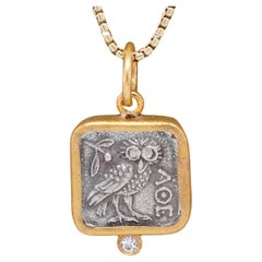 Athena's Owl with Diamond, Square, Coin Charm Amulet Pendant Necklace, 24kt Gold