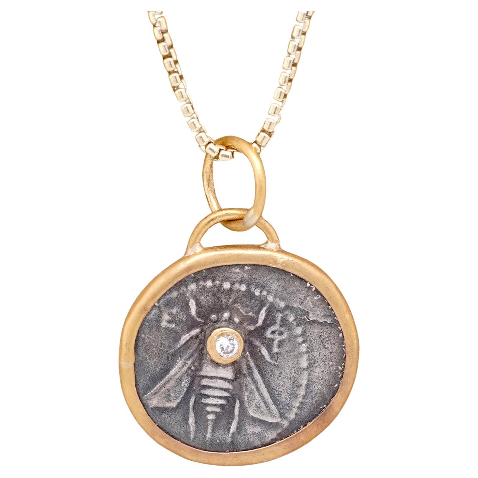 Queen Bee, Ephesus Coin, Tetra Drachm, Pendant Necklace Charm Coin Amulet with Diamond, 24kt Gold and Silver by Prehistoric Works of Istanbul, Turkey. These coin amulets pair well alone or with other coin pendants or with miniature pendants.