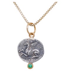 Pegasus Coin Charm Amulet with Emerald, 24kt Gold and Silver by Prehistoric Work