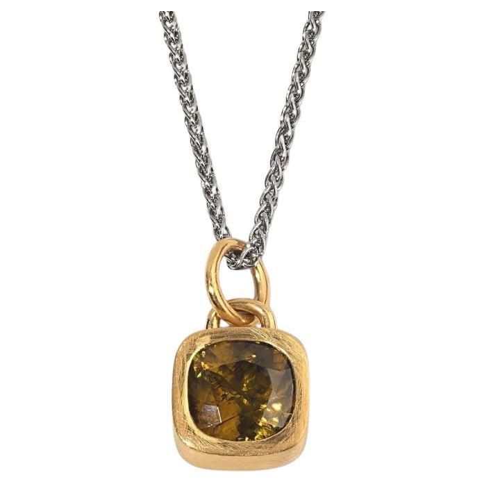 5.93ct Green Gold Yellow Cushion Sphene Pendant Solid 22Kt Gold Padlock Frame In New Condition For Sale In Bozeman, MT