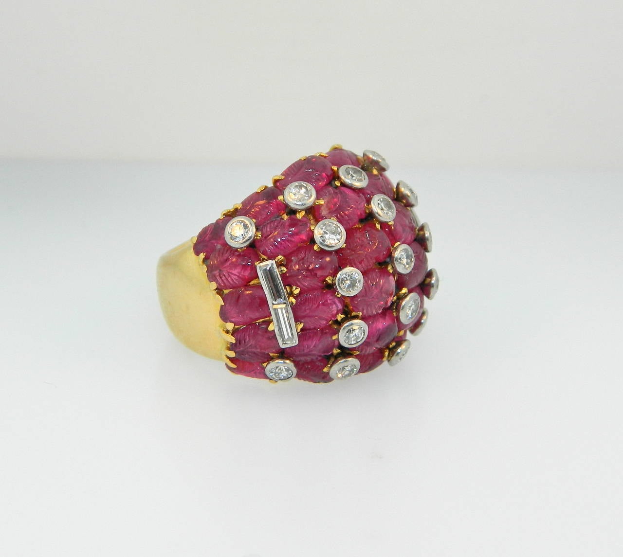 French Retro Carved Burma Ruby Diamond Yellow Gold Platinum Bombe Ring