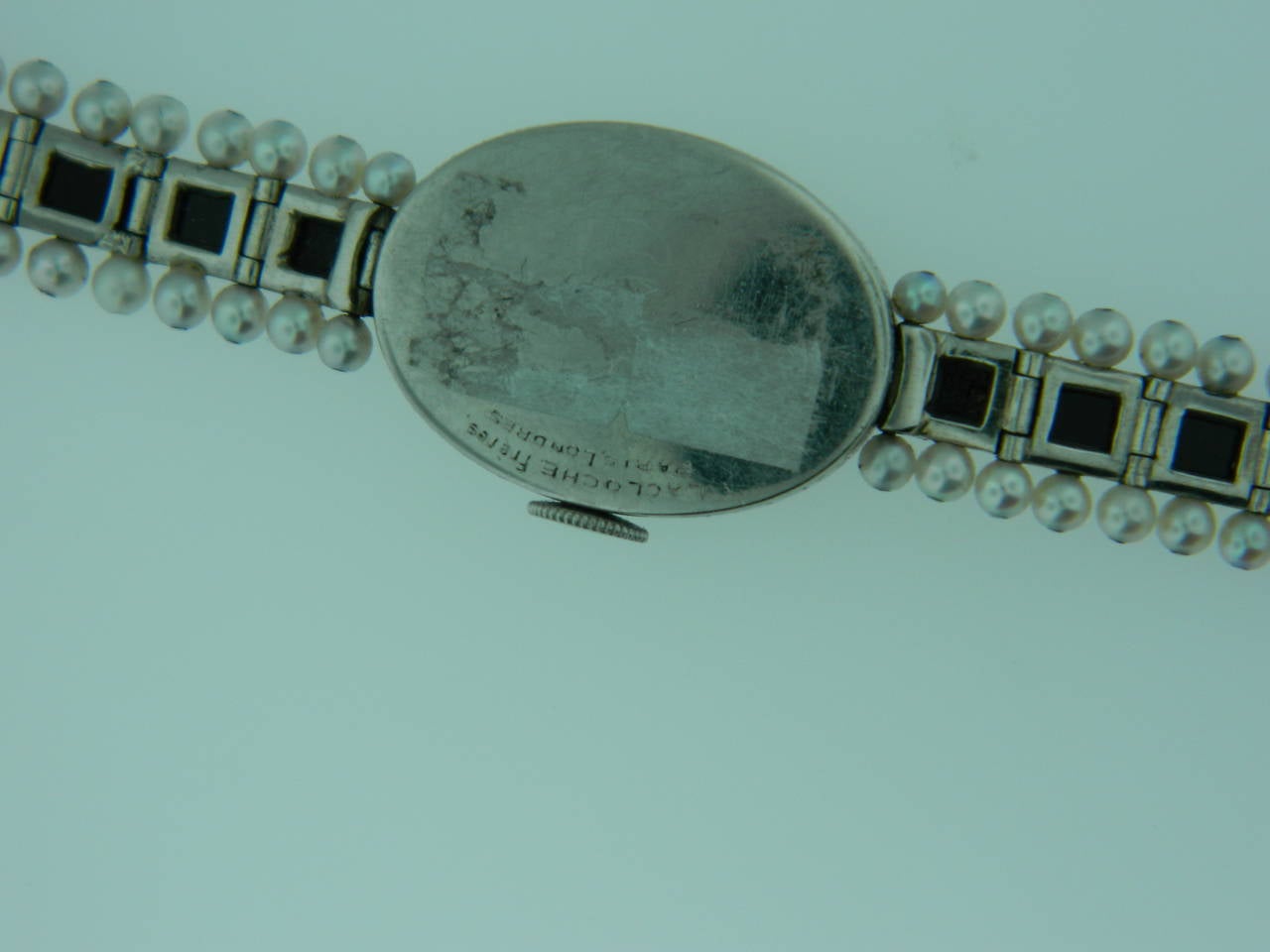 Edwardian Verger Freres Lady's Platinum Diamond Pearl Onyx Wristwatch For Sale