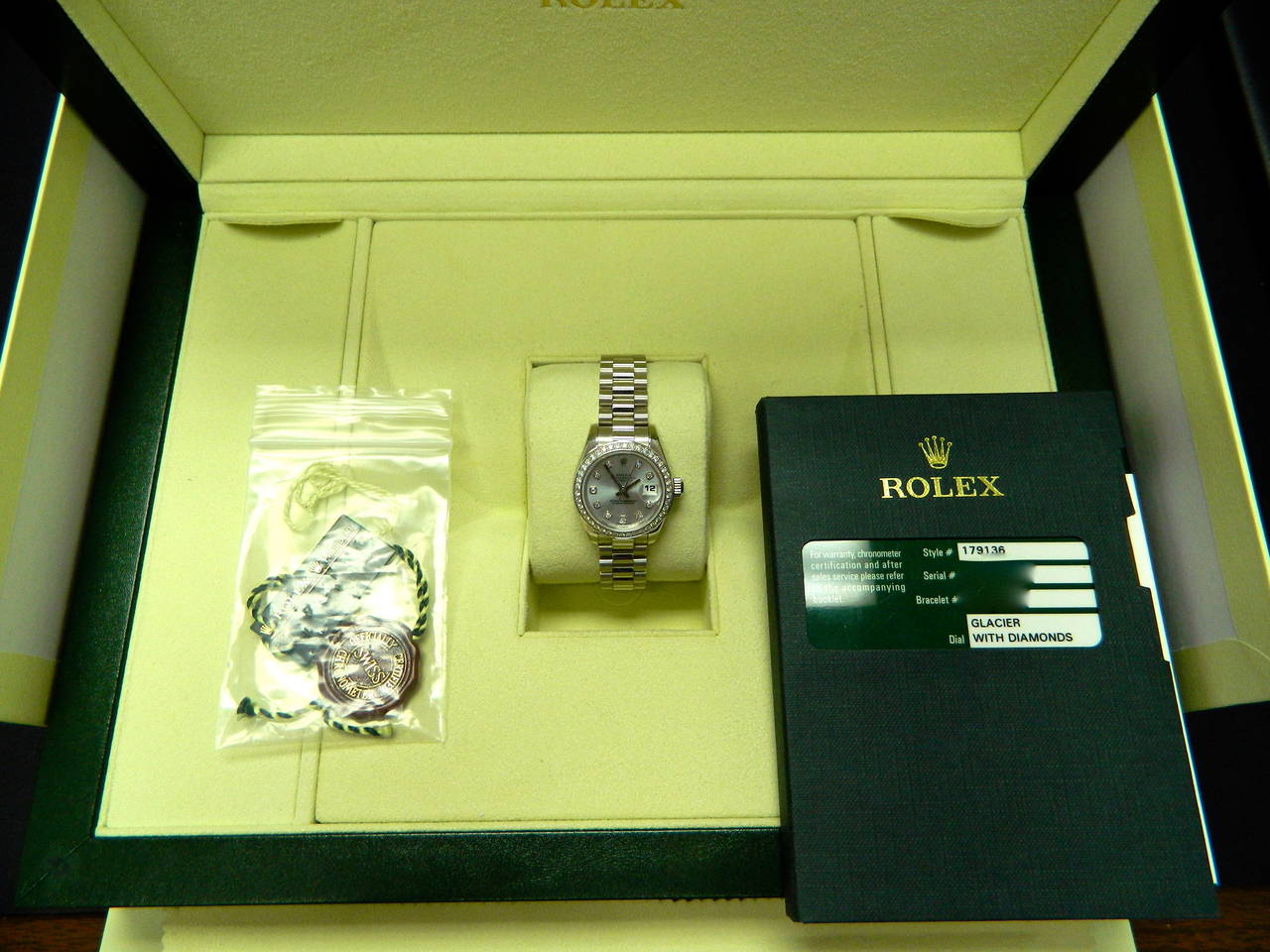 Modern Rolex Lady's Platinum Diamond Bezel and Dial Datejust Glacier Wristwatch