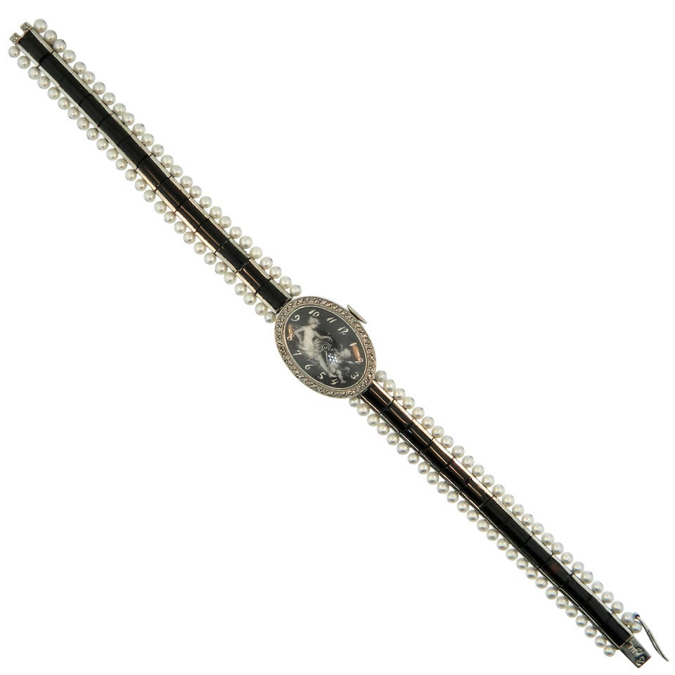 Verger Freres Lady's Platinum Diamond Pearl Onyx Wristwatch For Sale