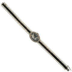 Verger Freres Lady's Platinum Diamond Pearl Onyx Wristwatch