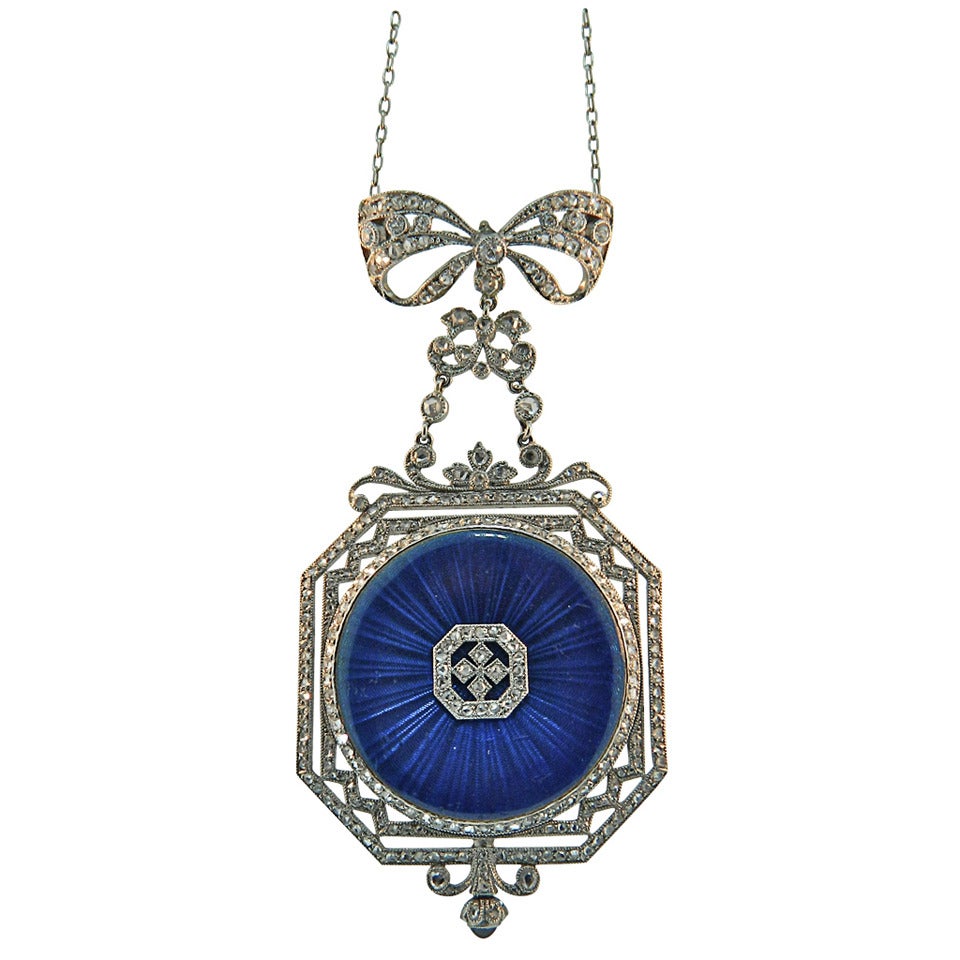 Spaulding & Co. Ladies Platinum Diamond Enamel Pendant Watch For Sale