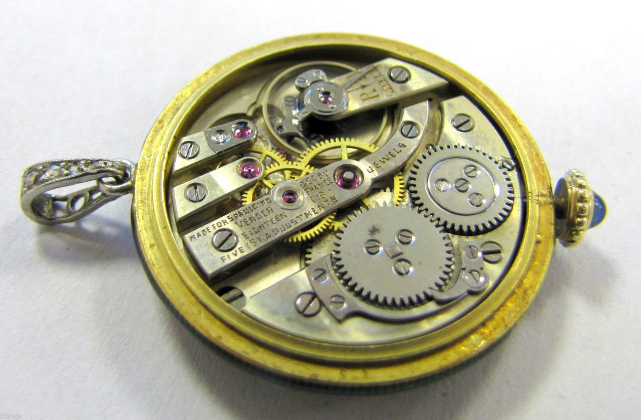Verger France Lady's Platinum Diamond Enamel Edwardian Watch Pendant In Good Condition For Sale In Chicago, IL