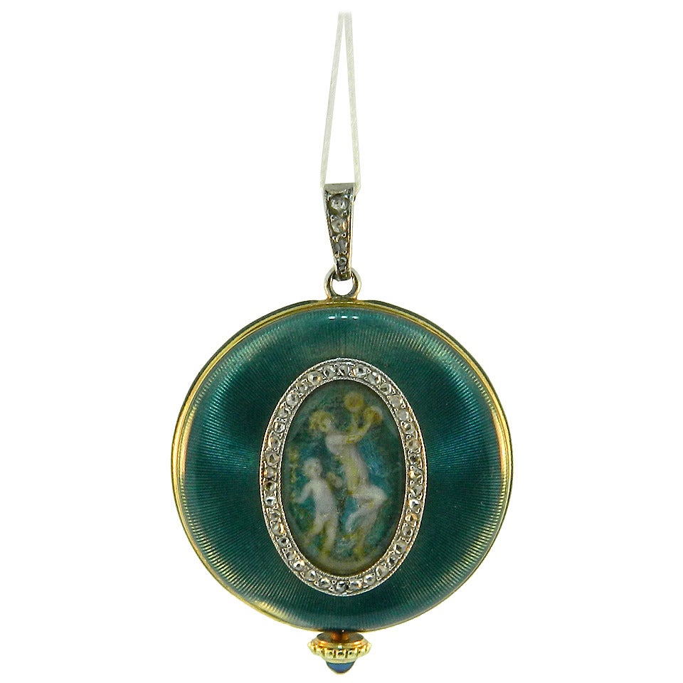 Verger France Lady's Platinum Diamond Enamel Edwardian Watch Pendant For Sale