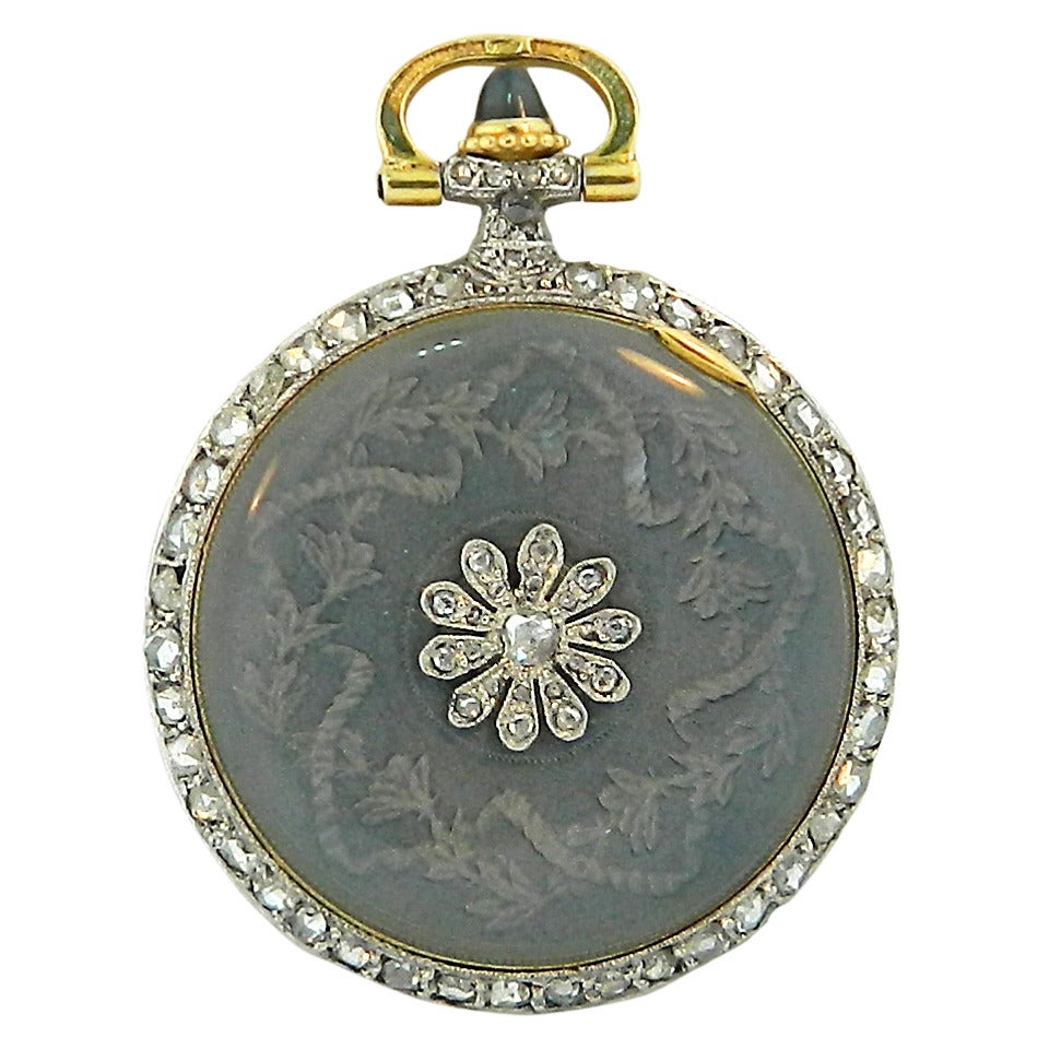 Cartier Platinum Gold Art Deco Enamel Sapphire Diamond Pocket Watch Pendant For Sale