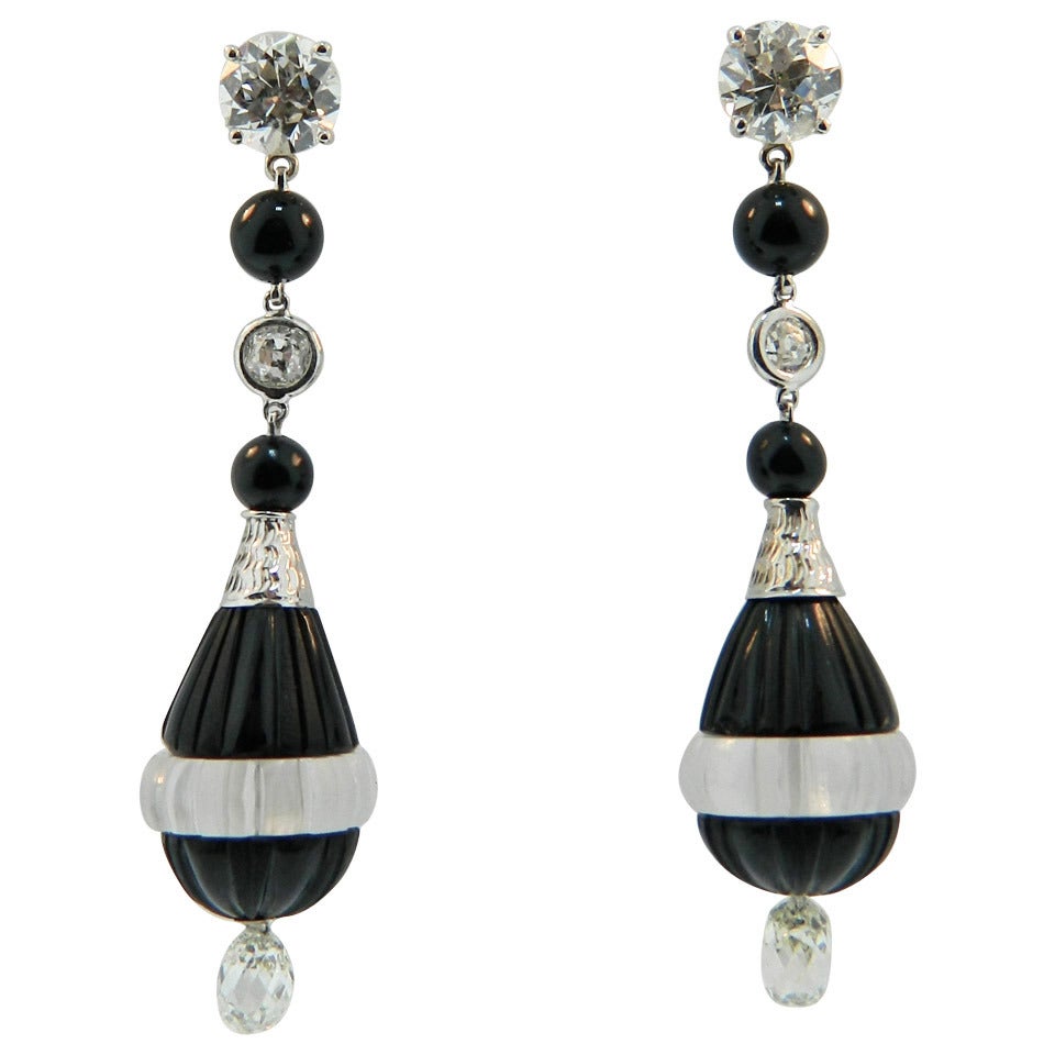 Art Deco Onyx Rock Crystal Diamond Platinum Earrings For Sale