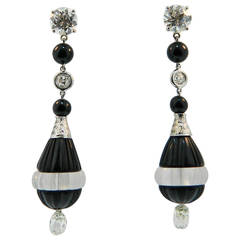 Art Deco Onyx Rock Crystal Diamond Platinum Earrings