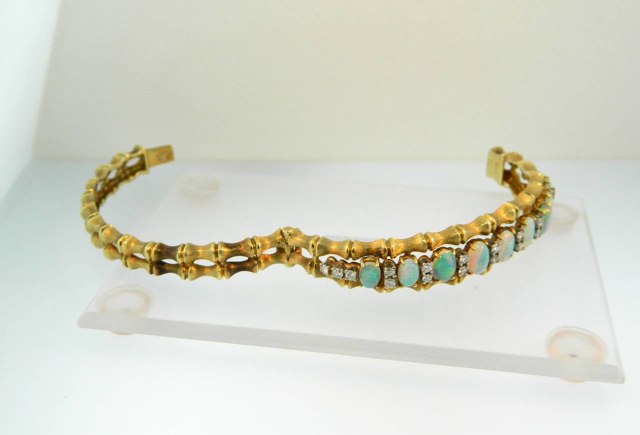 Retro 1960s Opal Diamond Gold Bamboo Style Bangle Bracelet For Sale