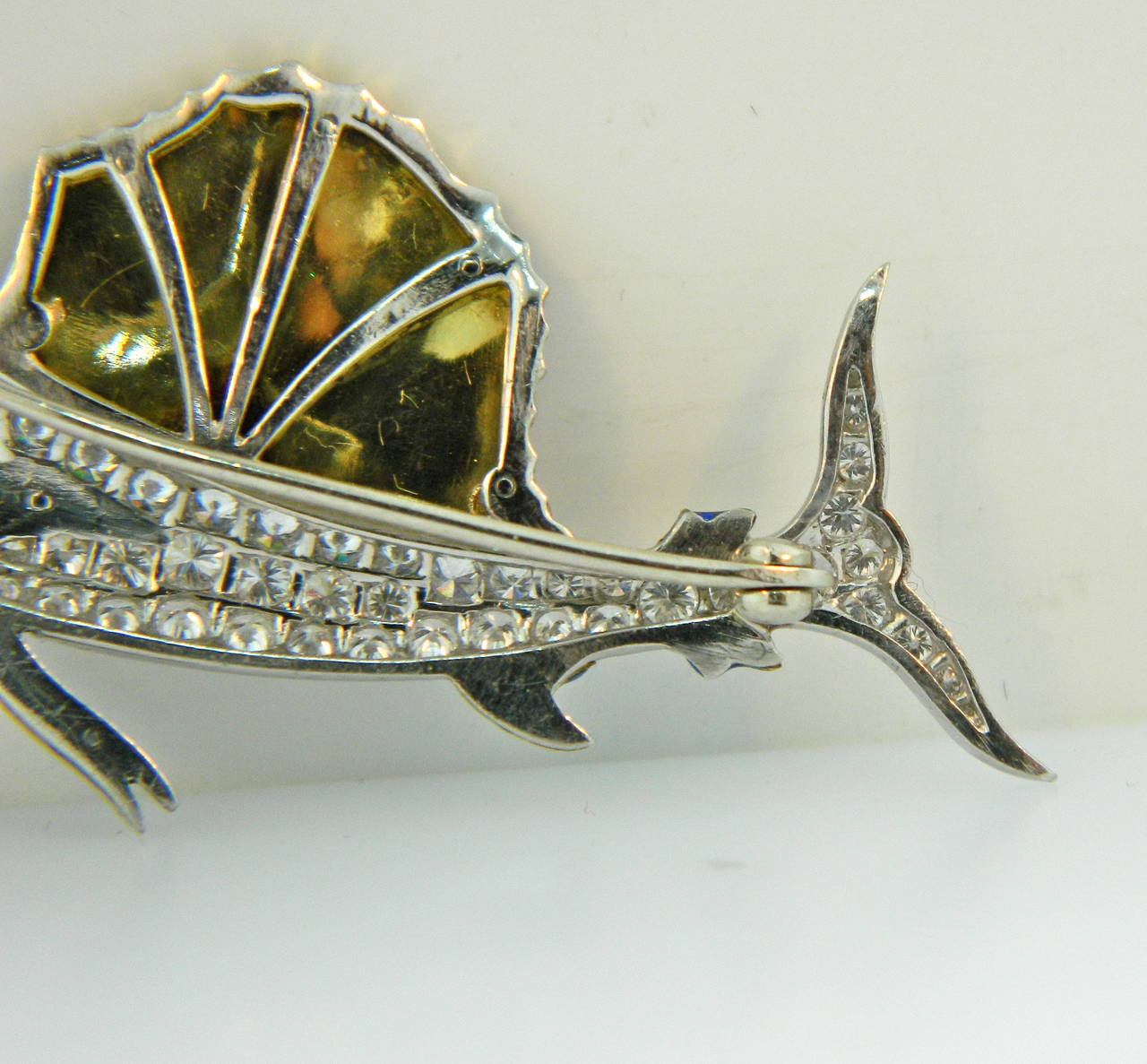 Art Deco 1940s Enamel Sapphire Diamond Platinum Sailfish Brooch For Sale