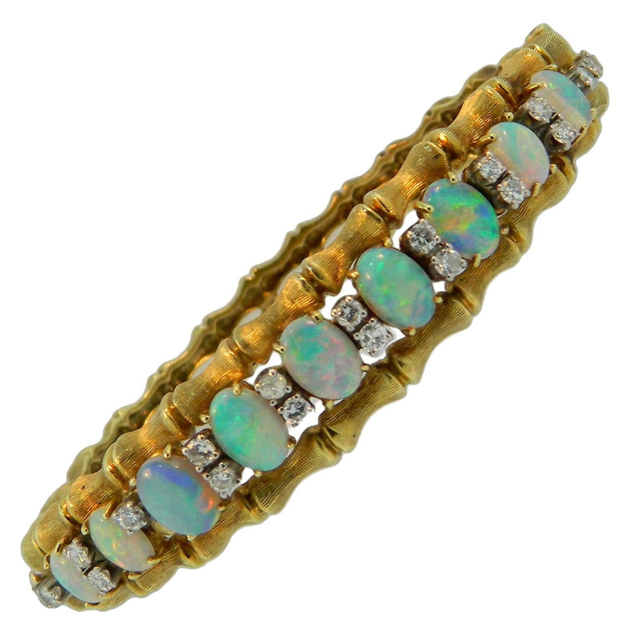 1960s Opal Diamond Gold Bamboo Style Bangle Bracelet For Sale
