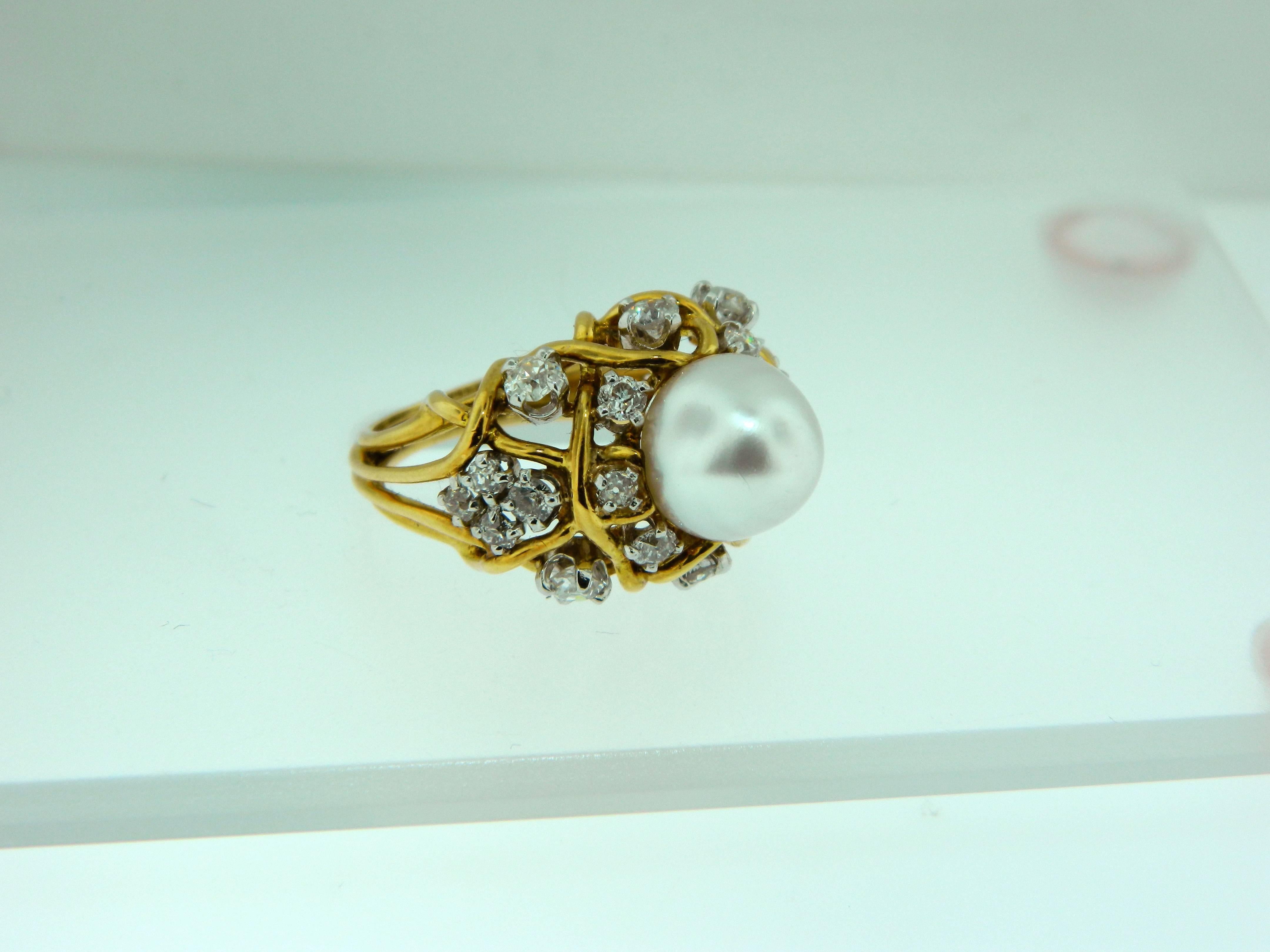 A 1960s Jean Schlumberger For Tiffany & Co Diamond, GIA certified natural saltwater pearl, platinum and 18kt yellow gold Ring.