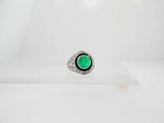 Trabert & Hoeffer Art Deco Colombian Emerald Onyx Diamond Platinum Ring
