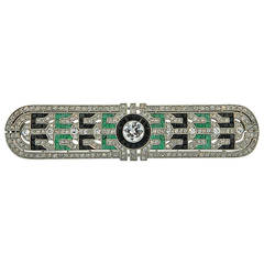 Art Deco Onyx Emerald Diamond Platinum Brooch