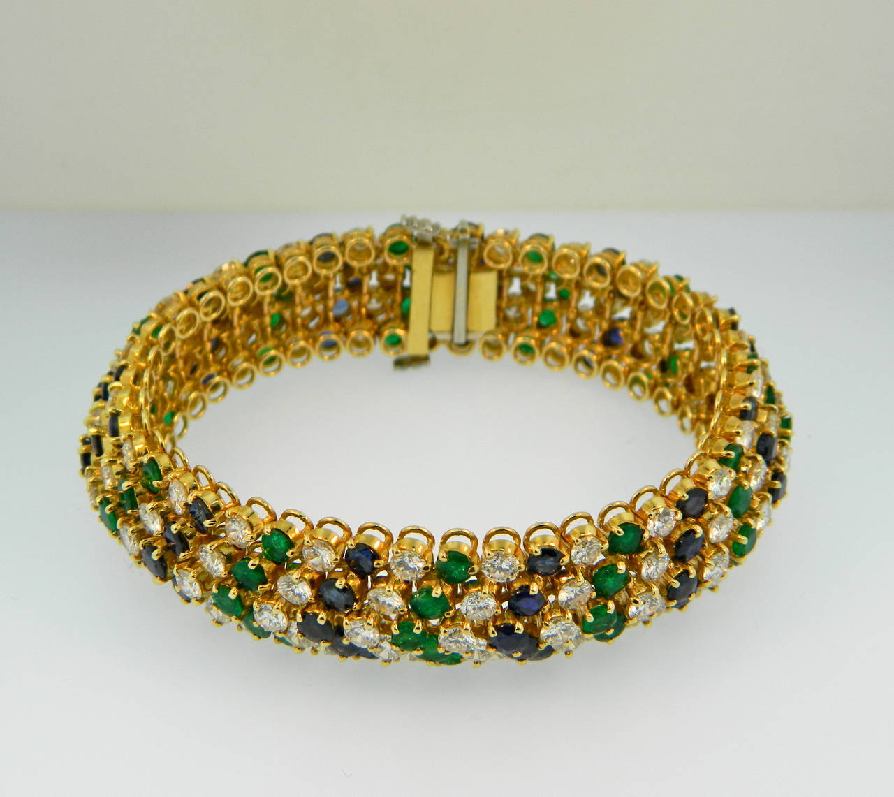Women's 1960s Sapphire Emerald Diamond Gold Bracelet