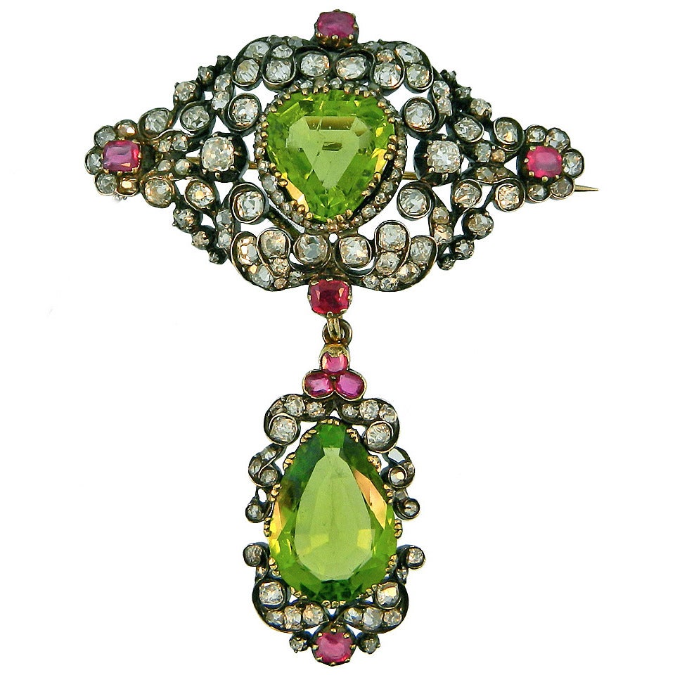 Mid Victorian Peridot Burma Ruby Diamond Corsage Brooch For Sale