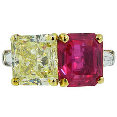 Bulgari No-Heat Burma Ruby Fancy Yellow Diamond Twin Ring