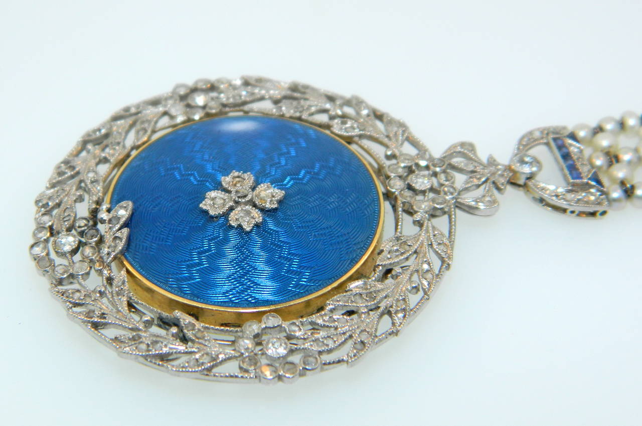 Belle Époque Cartier Paris Belle Epoque Enamel Natural Pearl Sapphire Diamond Locket For Sale