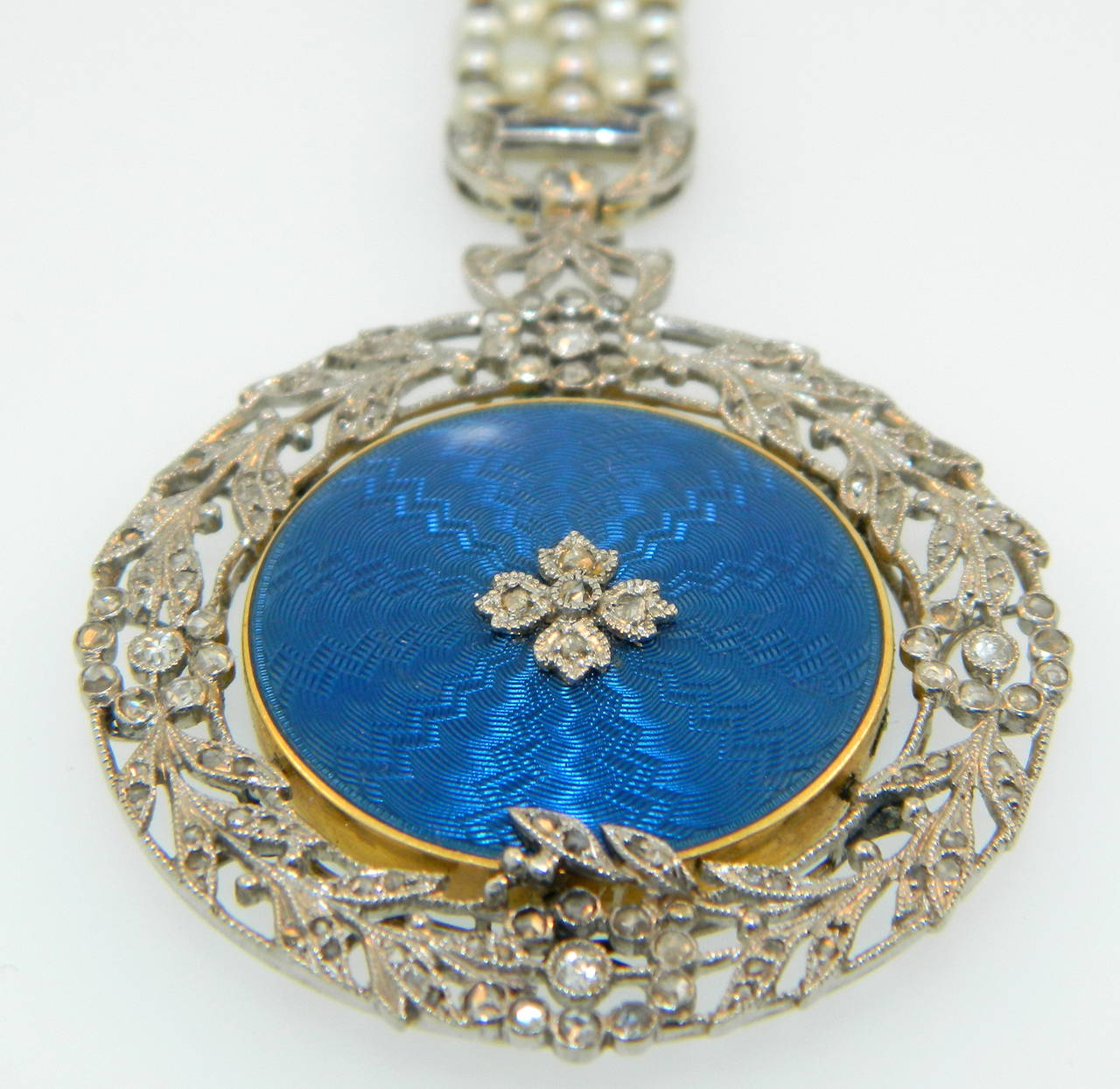 Cartier Paris Belle Epoque Enamel Natural Pearl Sapphire Diamond Locket In Excellent Condition For Sale In Chicago, IL