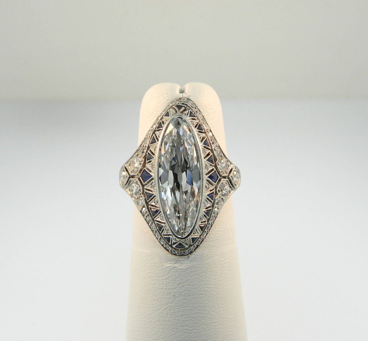 Women's 1920s Art Deco Sapphire Diamond Platinum Cocktail Ring