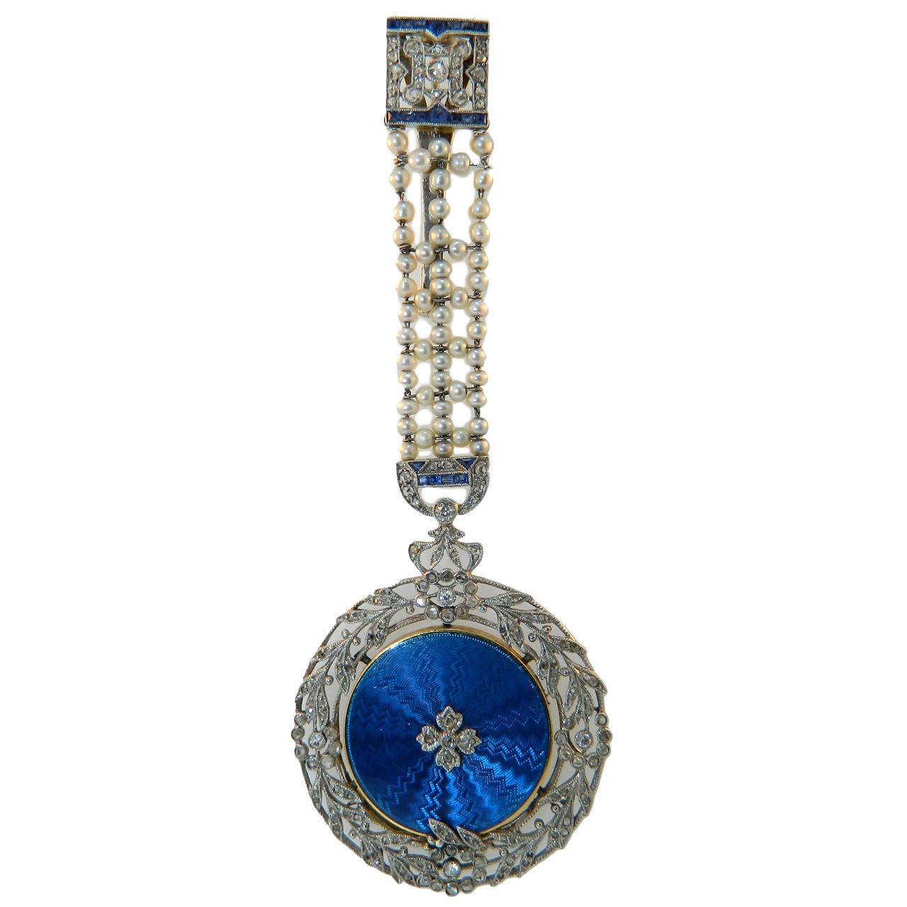 Cartier Paris Belle Epoque Enamel Natural Pearl Sapphire Diamond Locket For Sale