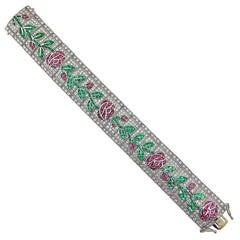 Diamond Ruby Emerald Rose Bud Platinum Bracelet