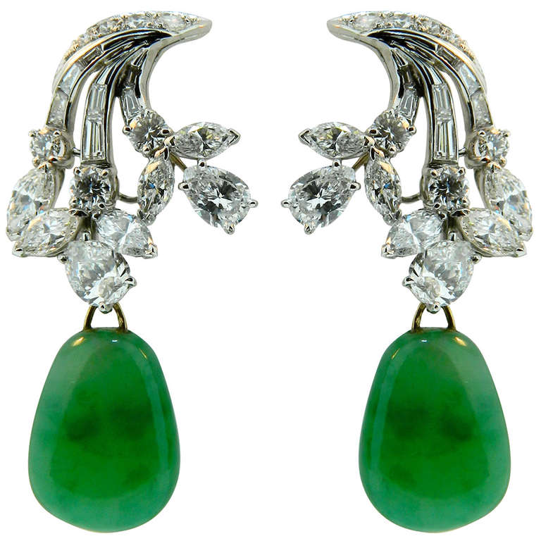 Jadeite Jade Diamond Platinum Earrings