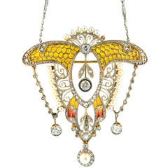 Art Nouveau Plique-a-Jour Natural Pearl Diamond Gold Platinum Pendant