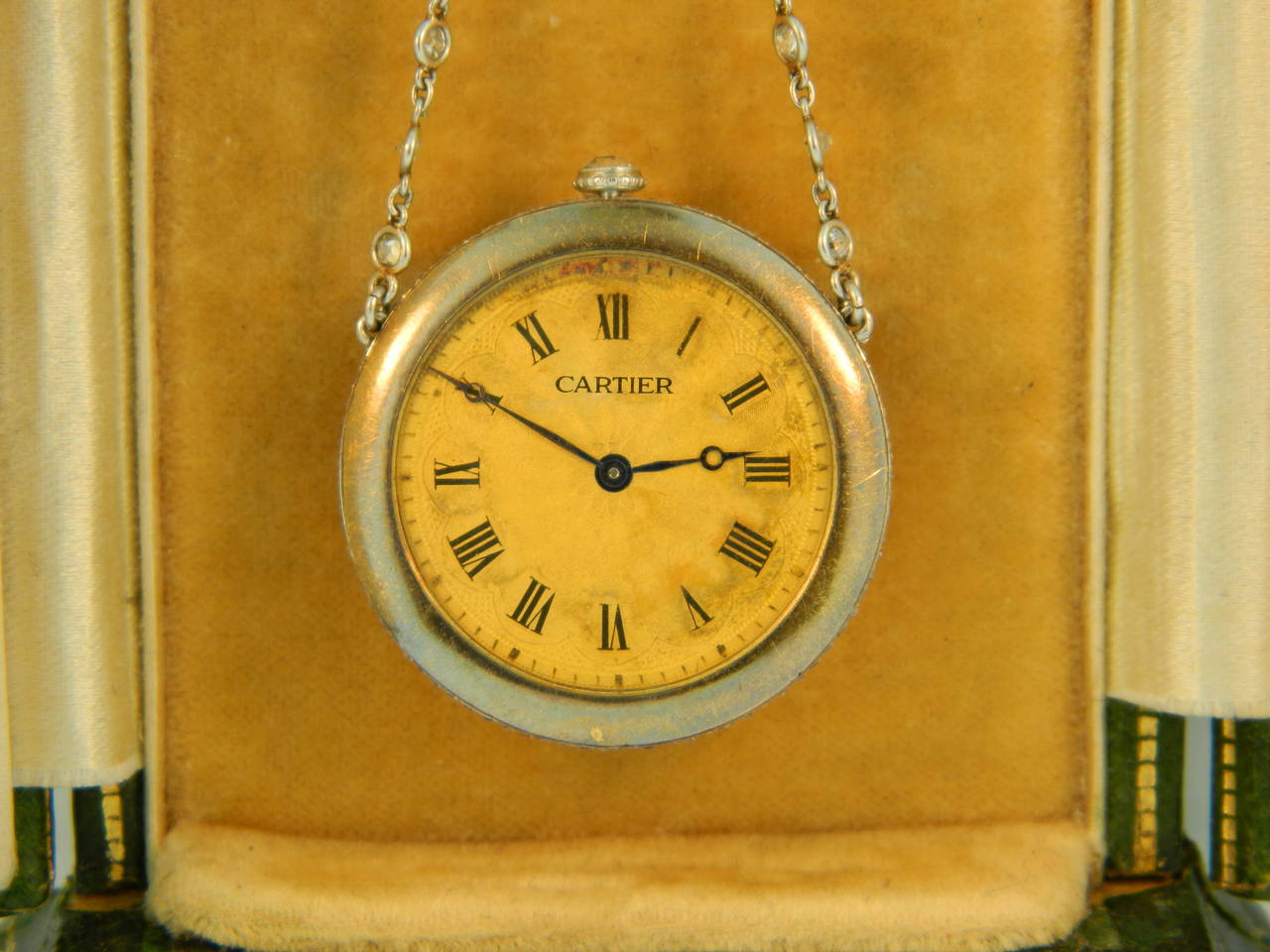 Cartier Platinum Yellow Gold Diamond Emerald Belle Epoque Watch Pendant In Excellent Condition For Sale In Chicago, IL