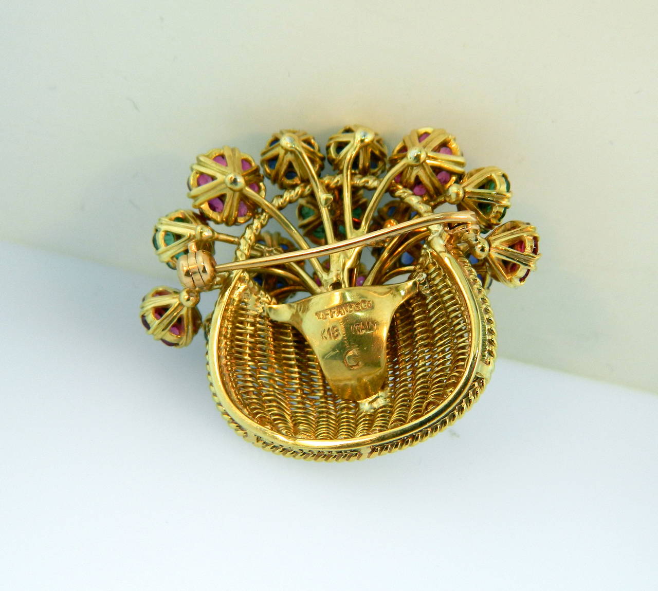 Retro 1950s Tiffany & Co Diamond, Multi-Gem and Gold Flower Basket Brooch