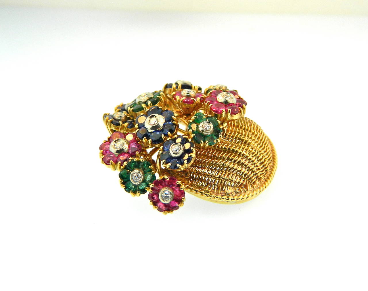 1950s Tiffany & Co Diamond, Ruby, Emerald, Sapphire and Gold Flower Basket