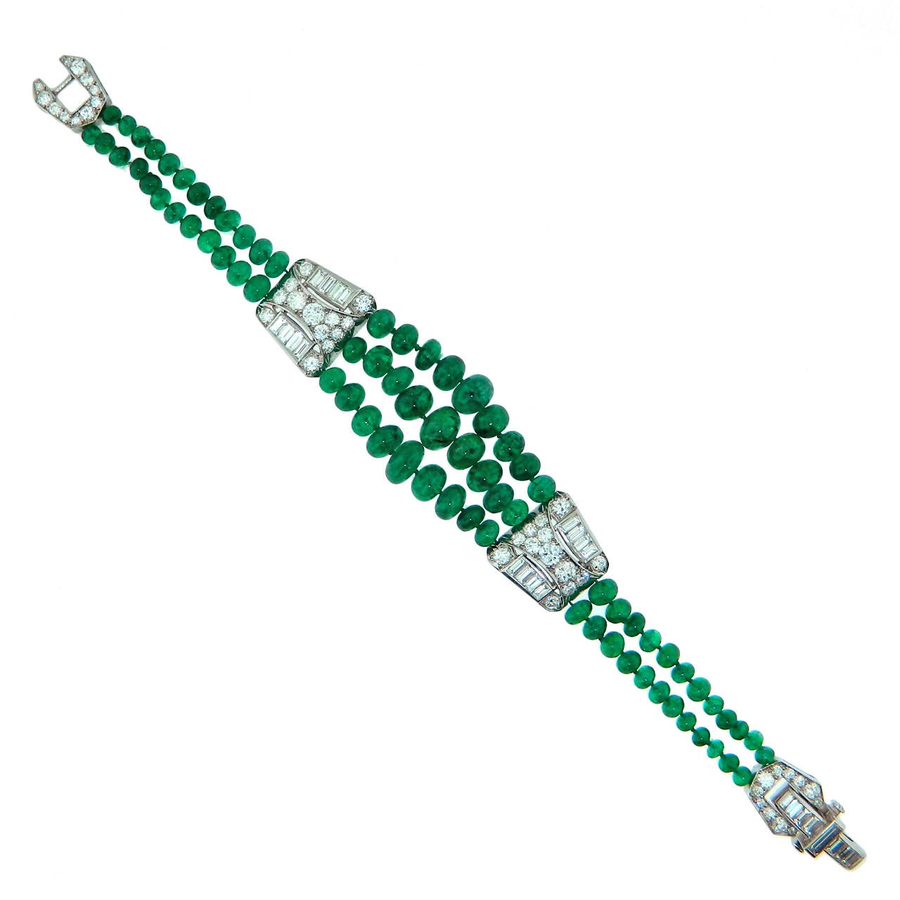 Art Deco Ostertag France Diamond Emerald Bead Platinum Bracelet