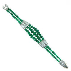 Art Deco Ostertag France Diamond Emerald Bead Platinum Bracelet
