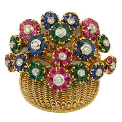 Retro 1950s Tiffany & Co Diamond, Multi-Gem and Gold Flower Basket Brooch