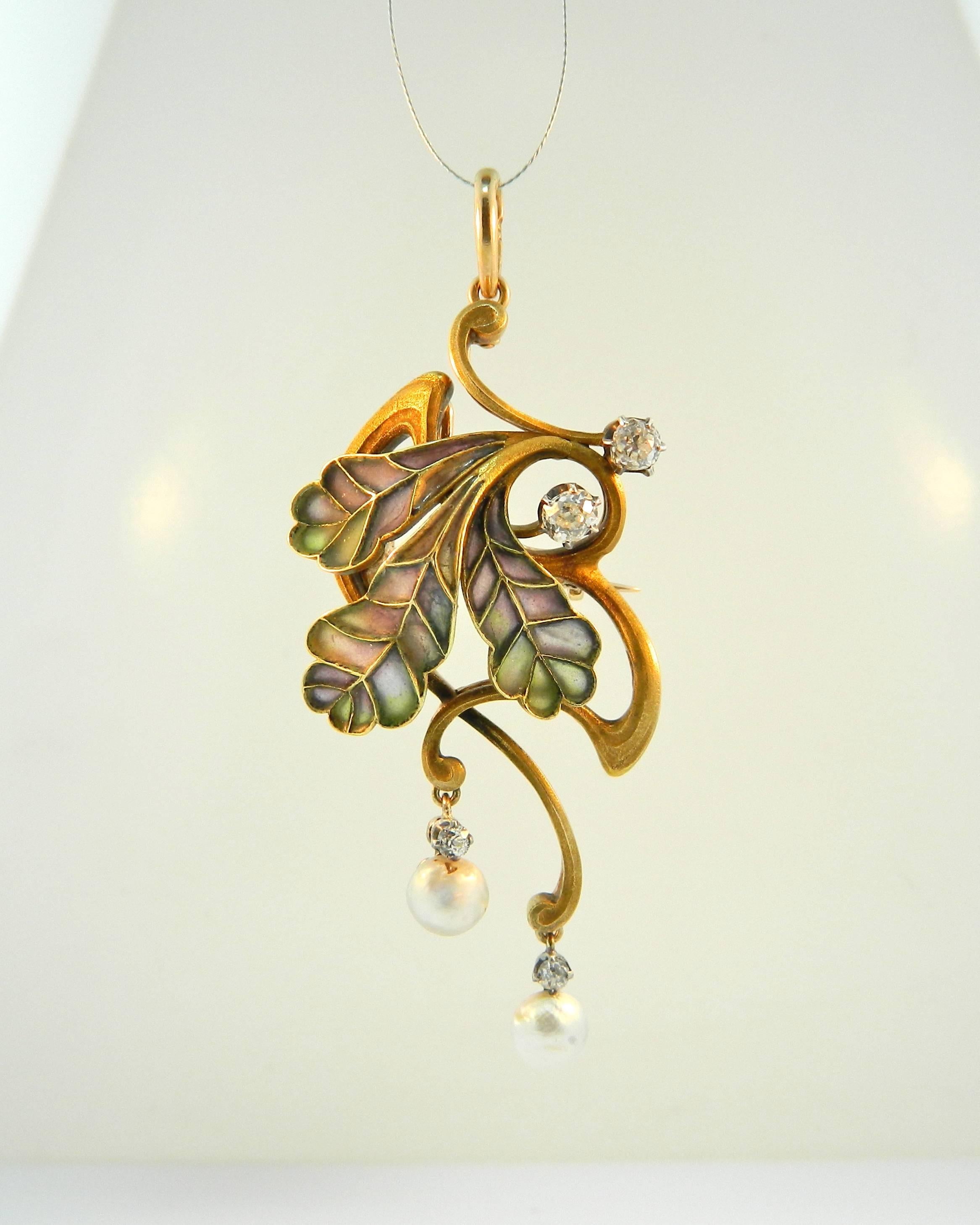 Women's Abraham Beilin Art Nouveau Plique A Jour Enamel Pearl Diamond Gold pin brooch