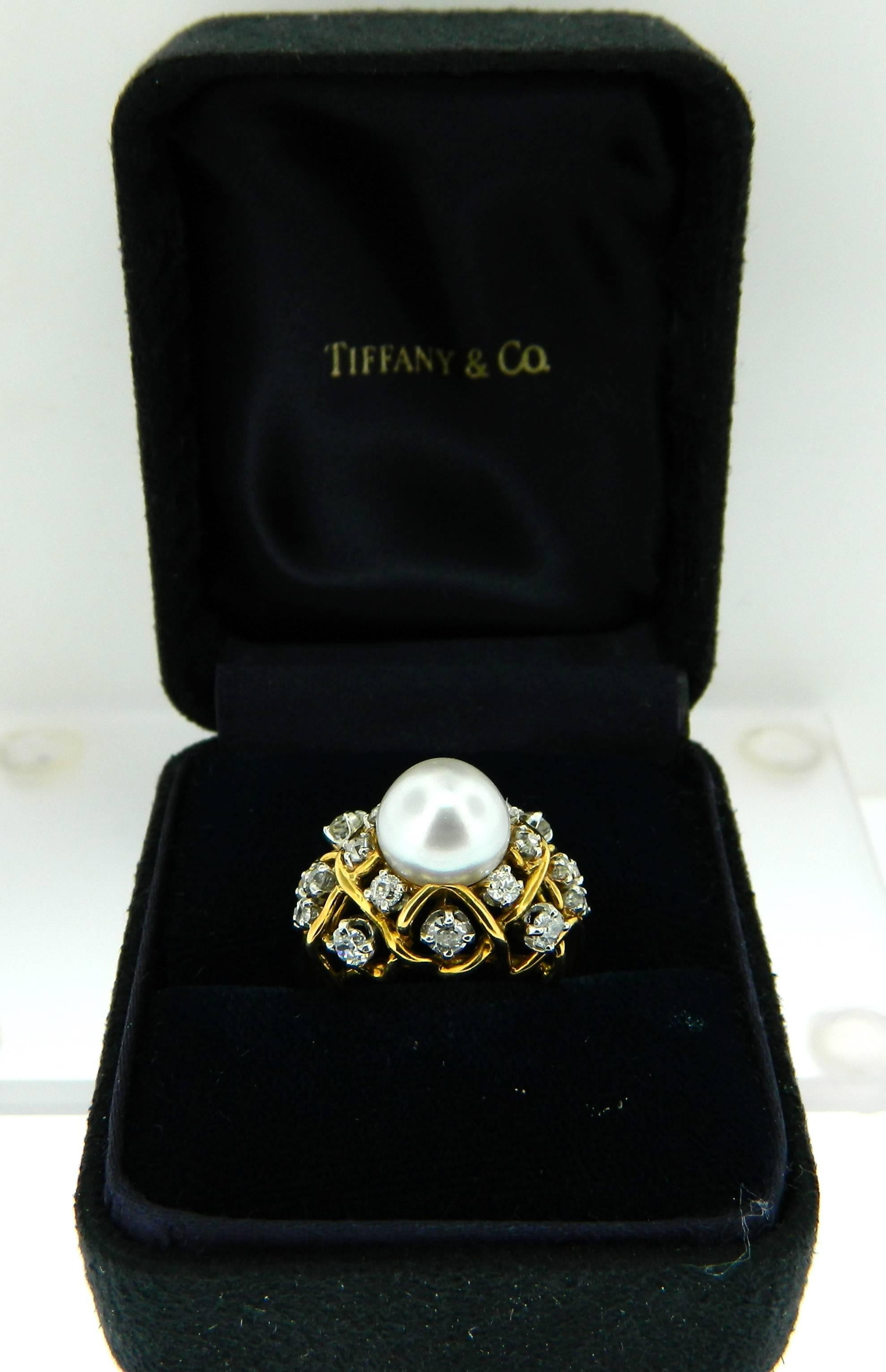 Women's 1960s Tiffany & Co. Schlumberger GIA Natural Pearl Diamond Gold Platinum Ring